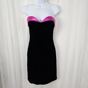 Vintage Kathryn Conover black velvet strapless mini dress hot pink neckline XS